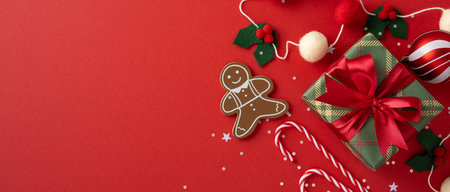Bright placard Christmas scene with red background, wrapped present, gingerbread man, candy canes, holly berries, and twinkling lightsの写真素材