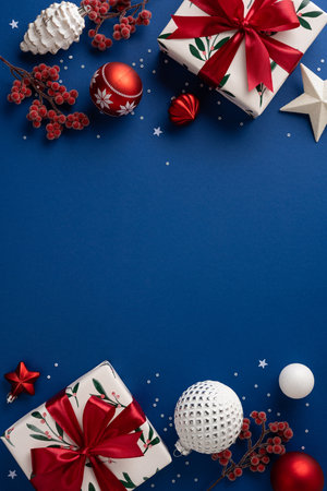 A vertical bright blue flat lay wrapped features gifts with red ribbons, red and white ornaments, berries, pinecones, a star, and a white textured ball, capturing Christmas and New Year celebrationの写真素材