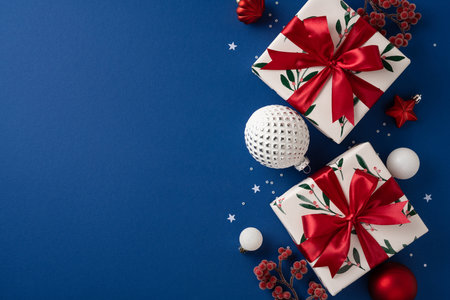 A stylish Christmas scene featuring wrapped gifts with red bows, white boxes with botanical prints, and decorative ornaments on a deep blue backdrop, conveying joy, holiday spirit, and New Year cheerの写真素材