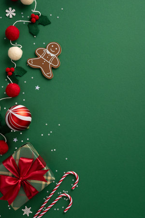 Festive vertical holiday scene featuring decorations, gingerbread, candy cane and wrapped gifts arranged along a green backdrop, creating a warm Christmas and New Year greeting vibeの写真素材