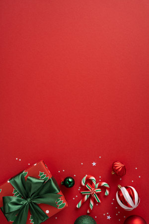 A vertical vibrant red holiday backdrop features a wrapped gift, candy canes, baubles, stars, and ribbons, signaling Christmas and New Year celebrations. Bright colors evoke joy, warmth, and festive cheerの写真素材