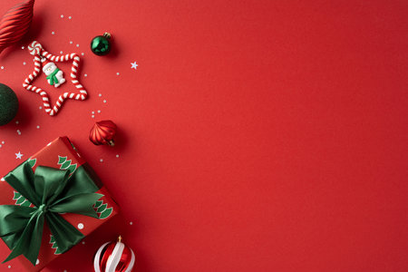 A vibrant red background features a wrapped gift with a green bow and festive ornaments, creating a warm holiday scene for Christmas and New Year greetings and celebrationsの写真素材