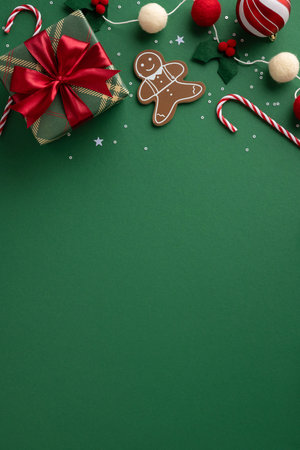 A vertical Christmas scene featuring a wrapped gift with red bow, a gingerbread man, candy canes, and festive ornaments on a green backdrop for holiday cheer and seasonal promotionの写真素材