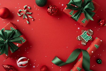 Festive Christmas scene with wrapped gifts, green ribbons, candy canes, gingerbread cookie, and...