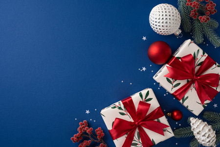 Decorative gifts with leafy patterns and red bows rest beside ornaments and pine sprigs on a deep blue backdrop, conveying holiday joy and seasonal warmth for Christmas and New Year projectsの写真素材