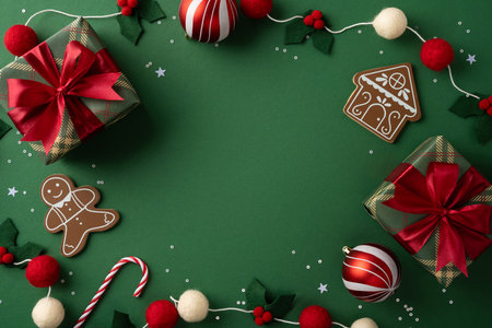 Festive scene with wrapped presents, red ribbons, gingerbread man and house, candy canes, and holiday ornaments arranged on a green backdrop for Christmas and New Year cheerの写真素材