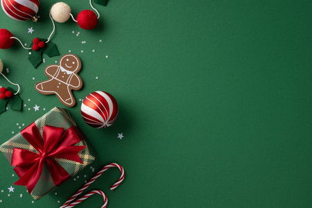 A festive Christmas scene featuring a gift box with red ribbon, gingerbread cookie, candy canes, ornaments, and holiday decor on a green backgroundの写真素材