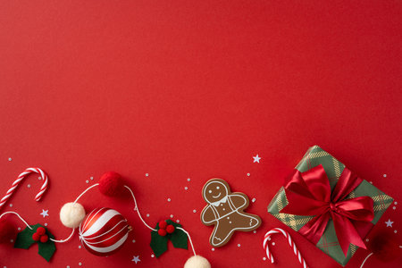 Vibrant Christmas scene featuring a gingerbread man, candy cane, holly and berries beside a green wrapped gift on a red background, ideal for holiday greeting and seasonal promoの写真素材