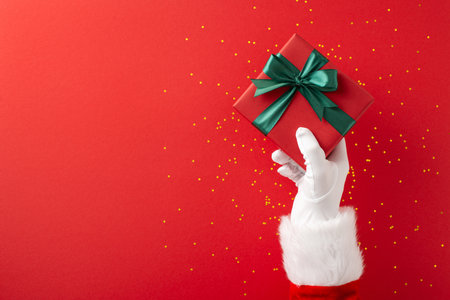 A white gloved Santa hand lifts a red gift box with a green ribbon against a festive red backdropの写真素材