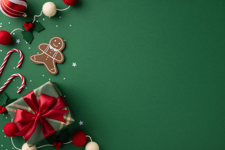 A festive Christmas scene features a wrapped gift, gingerbread man, candy canes, and red bows on a green backdrop, evoking holiday warmth, joy, and celebration for the season and new yearの写真素材