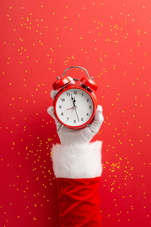 A festive vertical image showing a red alarm clock in Santa glove hands against a red background sprinkled with yellow confetti for Christmas and New Year celebration themes and countdown momentsの写真素材