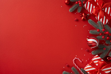 Vibrant red holiday scene featuring pine branches, red ornaments, candy canes, and striped gifts ready for Christmas and New Year greetingsの写真素材
