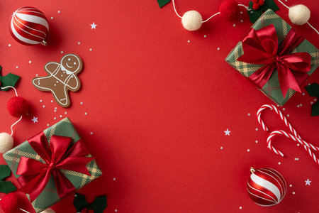 Bright Christmas scene featuring wrapped gift, candy cane, gingerbread man, and ornaments on a red background. Warm festive mood conveys celebration and joy for holiday season and greetingsの写真素材