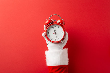 A bright red alarm clock held by a white gloved hand against a bold red backdrop evokes festive season, holiday cheer, and time for Christmas and New Year celebrationsの写真素材