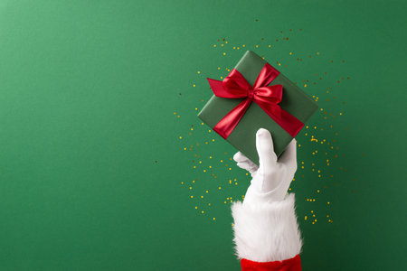 Green background with a white gloved hand holding a green gift box tied with a red ribbon. Festive Christmas and New Year mood, gift, celebration, joy, magicの写真素材