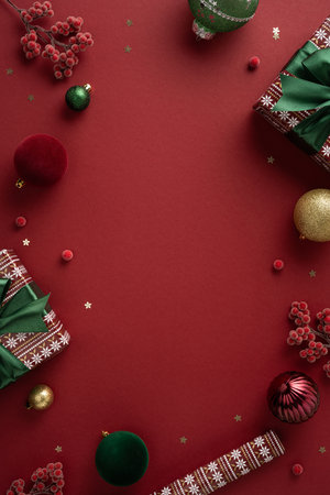 Vibrant vertical Christmas scene featuring wrapped gifts, ornaments, berries, and ribbons on a rich red backdrop, evoking festive warmth, joy, and seasonal greeting for holiday New Year celebrationsの写真素材