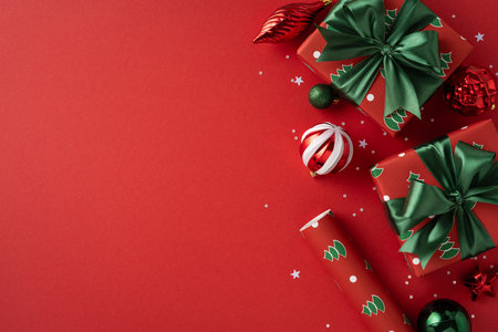 Bright red backdrop with wrapped gifts, green ribbons, ornaments, and confetti evokes festive Christmas and New Year mood, perfect for greetings, gifting, and seasonal celebration imageryの写真素材