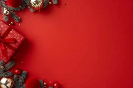 Vibrant red background with a wrapped gift, ornaments, and frosted pine branches captures a festive mood for Christmas and New Year greetings and celebrationの写真素材