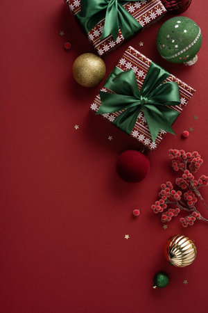 Stylish vertical holiday scene featuring wrapped gifts with green ribbons, gold and red ornaments, and frosted berries against a rich red background for Christmas and New Year celebration greetingの写真素材