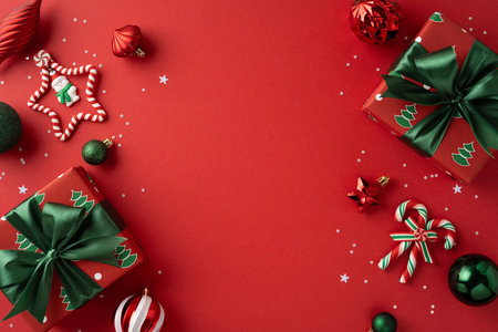 Vibrant festive scene with wrapped gifts, ornaments, candy canes, and stars on a red backdrop, evoking Christmas and New Year cheer and warm holiday moodの写真素材