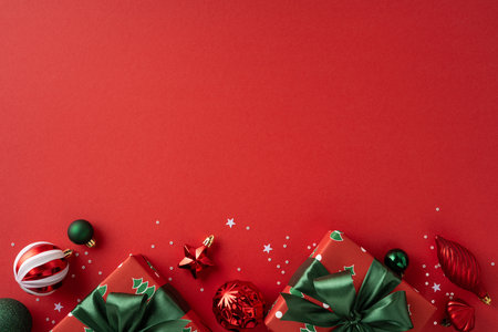 Vibrant red backdrop with wrapped gifts, ribbons, bells, and confetti creates a warm holiday mood perfect for Christmas and New Year greeting and promotionの写真素材