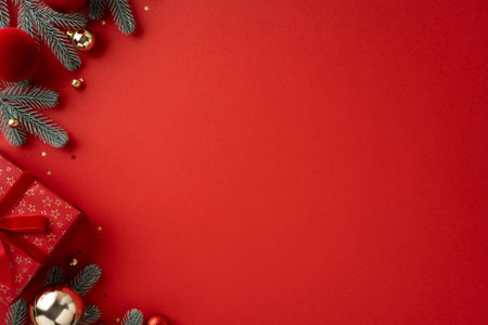 A festive red backdrop frames wrapped presents, pine sprigs, and gold ornaments, evoking Christmas and New Year warmth. Perfect for seasonal greetings, holiday marketing, and celebration themesの写真素材