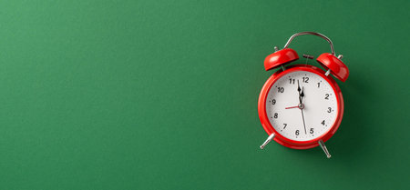 A bright red alarm clock sits on a green surface, symbolizing time, holidays, and festive countdown. Perfect for Christmas and New Year themes, morning routines, gift ideas, and seasonal promotionsの写真素材