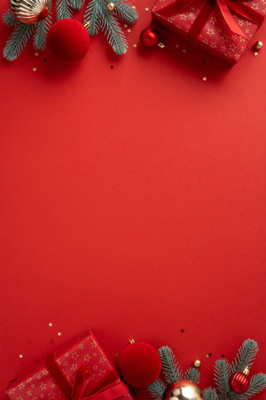 A vertical minimal vibrant red festive scene featuring gifts, ornaments and evergreen branches ready for Christmas and New Year greetingsの写真素材