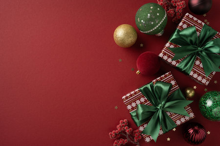 A festive flat lay features wrapped gifts with green ribbons, red ornaments, berries, and a warm holiday mood against a deep red backdropの写真素材