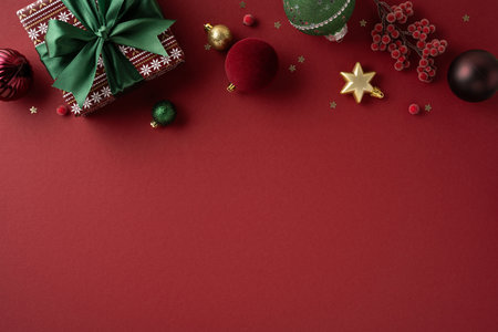 A festive composition featuring a wrapped gift with green ribbon and an array of Christmas ornaments and decorations on a red backdrop, evoking warm holiday cheer and seasonal greetingの写真素材