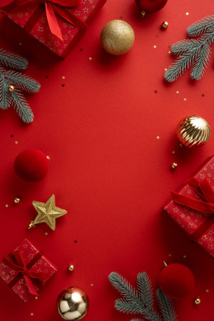 Red vertical background festive scene with gift boxes, gold baubles, star, pine branches, and ribbons evokes Christmas cheer and New Year celebration mood, perfect for seasonal greeting and promotionの写真素材
