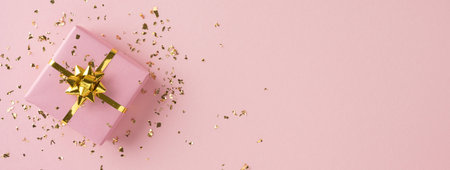 Pastel pink gift box with a gold ribbon sits among scattered confetti, capturing a festive mood for Christmas and New Year celebrationsの写真素材