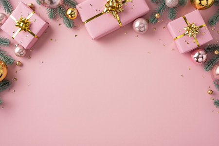 Pink background with wrapped gifts, gold ribbons, evergreen sprigs and festive ornaments set a warm holiday mood for Christmas and New Year celebrationの写真素材