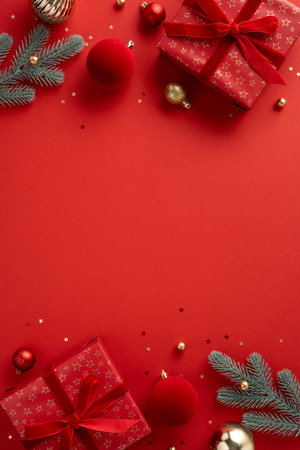 Red vertical themed Christmas scene featuring wrapped gifts, ornaments, pine branches and twinkling decorations evokes festive mood and warm holiday greetingの写真素材