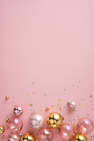 Pastel vertical pink backdrop with scattered pink and gold baubles creates a festive, elegant mood perfect for Christmas and New Year celebrationsの写真素材