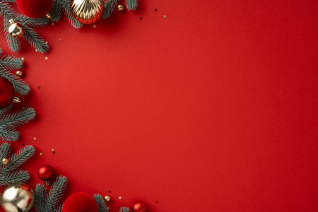 A vibrant red background framed by frosted pine branches and golden ornaments creates a warm, festive mood perfect for Christmas and New Year greetingsの写真素材