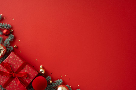Vibrant Christmas and New Year mood with red backdrop, gift box, pine sprigs, gold baubles and scattered stars inviting warm wishes and holiday spirit for seasonal greeting and celebration visualsの写真素材