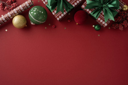 Festive scene with wrapped gifts, green ribbons, and decorative baubles on a rich red backdrop creates a warm holiday mood and cheerful newyear greetingsの写真素材