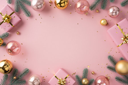 Vibrant pink holiday scene featuring gifts, ornaments, pine branches, and festive accents. Bright, elegant, and celebratory mood perfect for seasonal campaigns and greeting materialの写真素材