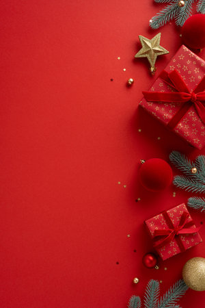 A vertical bright red holiday scene featuring gift boxes, ribbons, gold stars and ornaments with pine branches, perfect for festive Christmas and New Year greetings and celebrationsの写真素材