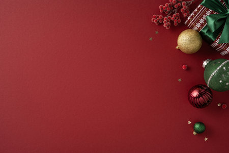 Bright red backdrop with festive ornaments, berries, and wrapped presents creates a warm holiday mood for Christmas and New Year greetings, celebrations, and seasonal decoration ideasの写真素材