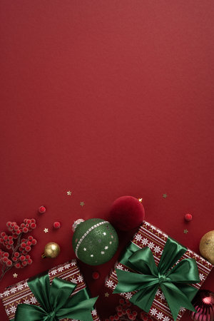 Colorful vertical presents with green ribbons sit on a red backdrop with ornaments, creating a warm, festive mood for Christmas and New Year celebrationsの写真素材