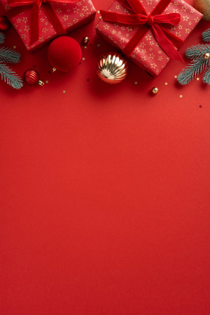 Vibrant vertical red holiday scene with wrapped gifts, ornaments, and pine accents, evoking Christmas and newyear celebrations with a warm, festive mood and anticipationの写真素材