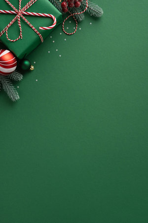 Green vertical minimal background frames a wrapped gift, candy cane, pine sprig, and red ornament ready for Christmas and New Year celebrationsの写真素材