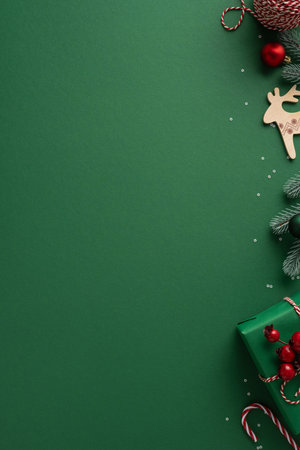 A vertical minimal green festive backdrop decorated with a wooden reindeer ornament, red berry sprig, twine, and wrapped gift creates a holiday mood ideal for Christmas and New Year greeting designの写真素材
