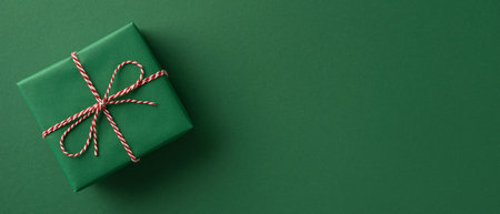 A neatly wrapped green gift with red and white twine sits on a solid green backdrop, conveying holiday gifting, festive charm, and seasonal greetings for Christmas and New Year campaignsの写真素材