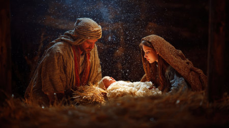 A tender nativity scene shows Mary and Joseph looking lovingly at baby Jesus in a hay filled stable under soft snowfall, conveying calm, faith, and family warmth. Generated A.I.の素材