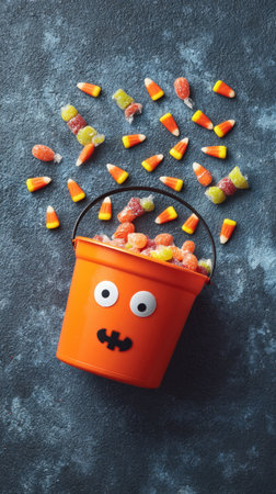 Bright orange bucket brims with candy and candy corn shaped pieces tumble scattered across a dark textured surface. Generated A.I.の素材