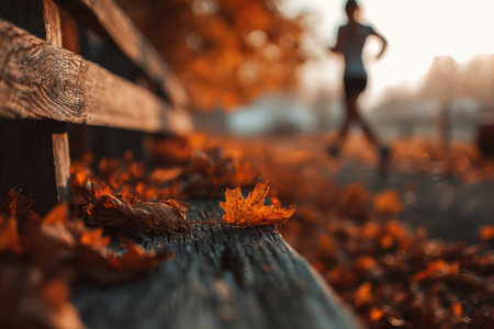 Autumnal scene with orange leaves scattered on a weathered wooden railing. A distant runner moves softly in the background, creating warm light and a calm, cozy mood. Generated A.I.の素材