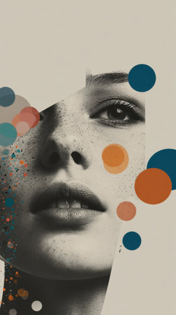 A striking black and white close up of a woman's face combined with bold colorful circles and shapes creating a modern, artistic beauty and fashion mood. Generated A.I.の素材